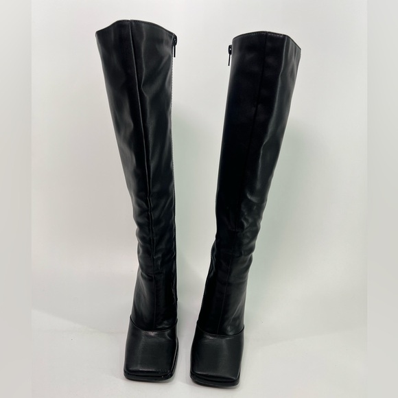 Black Knee High Faux Leather Boots Square Toe Chunky Triangular Heel 7.5 - Picture 4 of 13